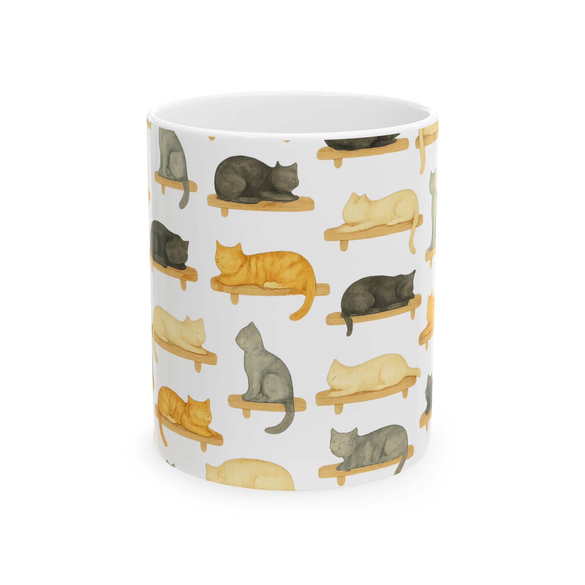 Watercolor Cats On Shelves Full Wrap Coffee Mug | Cats Gift | Ceramic Mug
