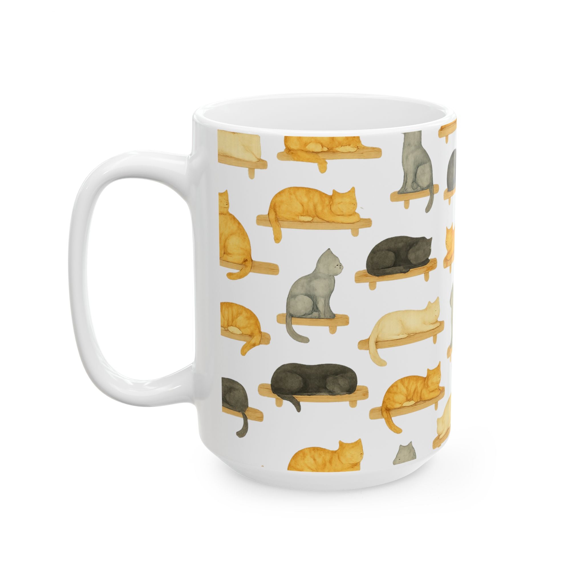 Watercolor Cats On Shelves Full Wrap Coffee Mug | Cats Gift | Ceramic Mug