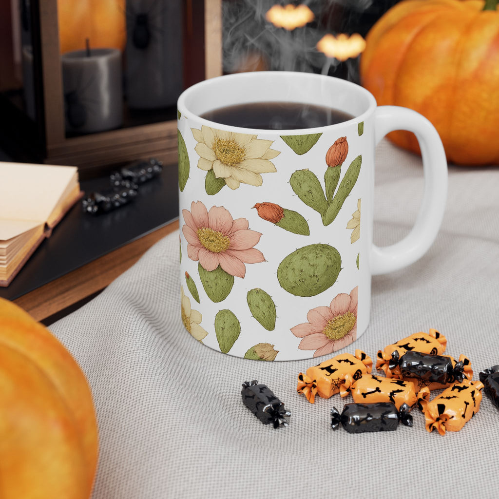 Botanical Blooming Cactus Flowers Full Wrap Coffee Mug | Cactus Gift | Ceramic Mug
