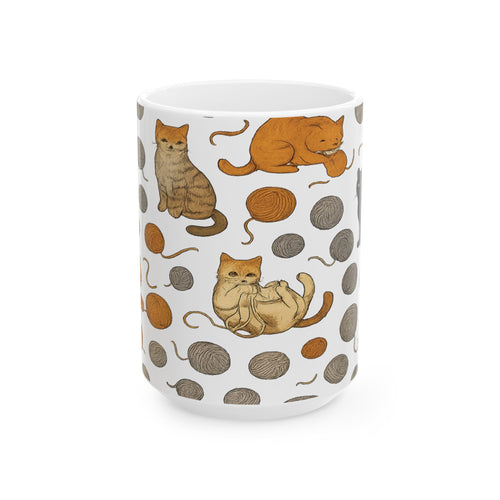 Botanical Cats With Yarn Full Wrap Coffee Mug | Cats Gift | Ceramic Mug