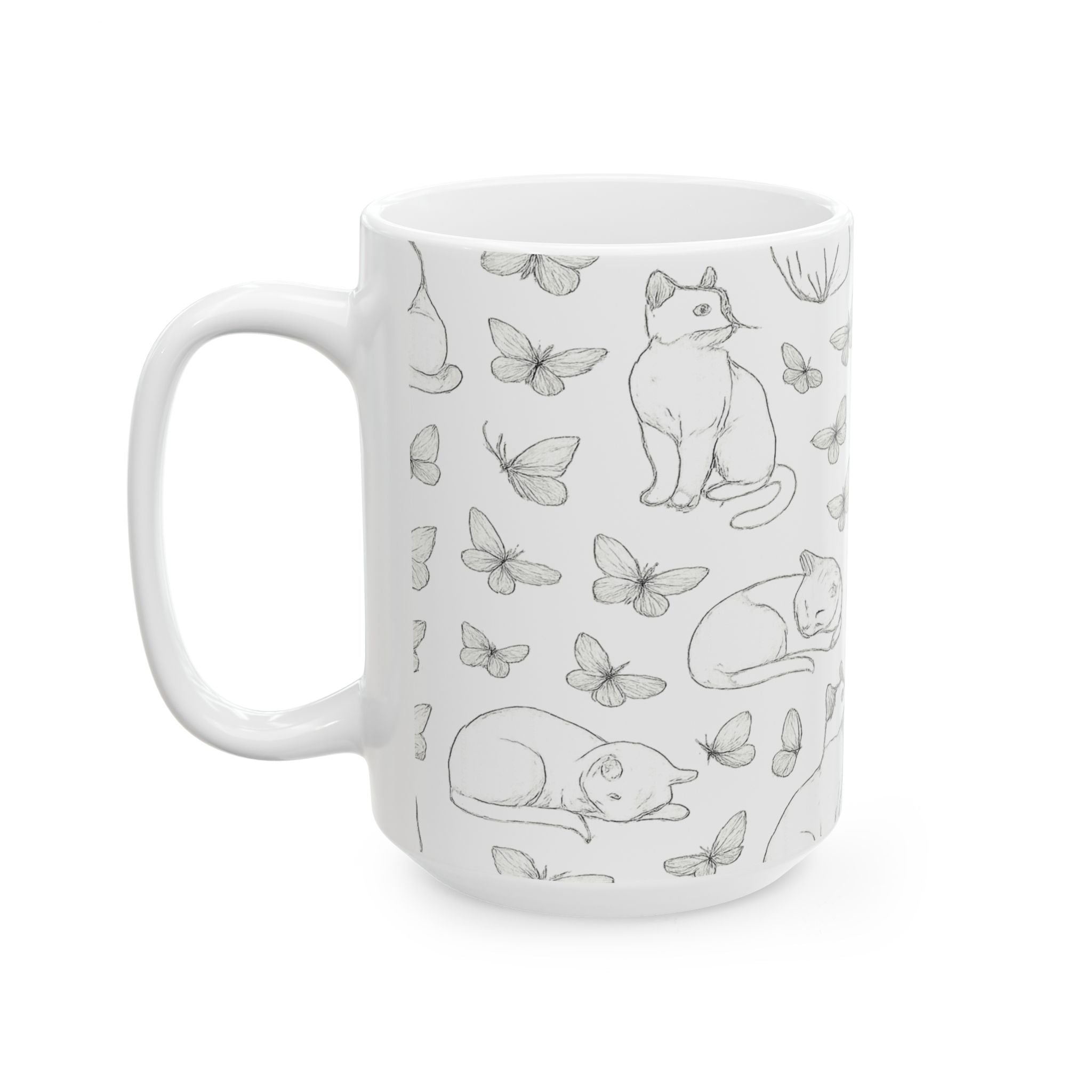 Delicate Cats And Butterflies Full Wrap Coffee Mug | Cats Gift | Ceramic Mug