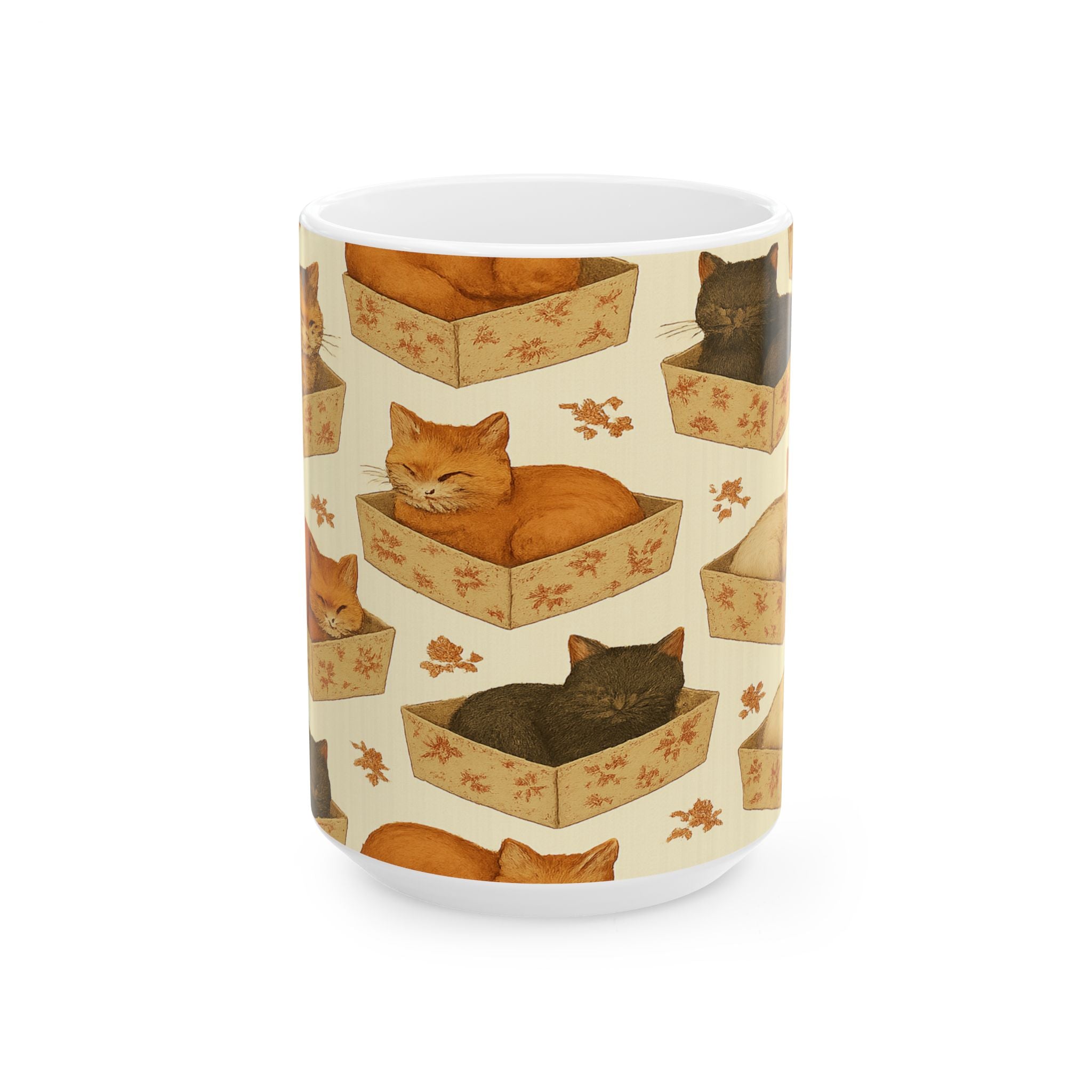 Vintage Cats In Boxes Full Wrap Coffee Mug | Cats Gift | Ceramic Mug