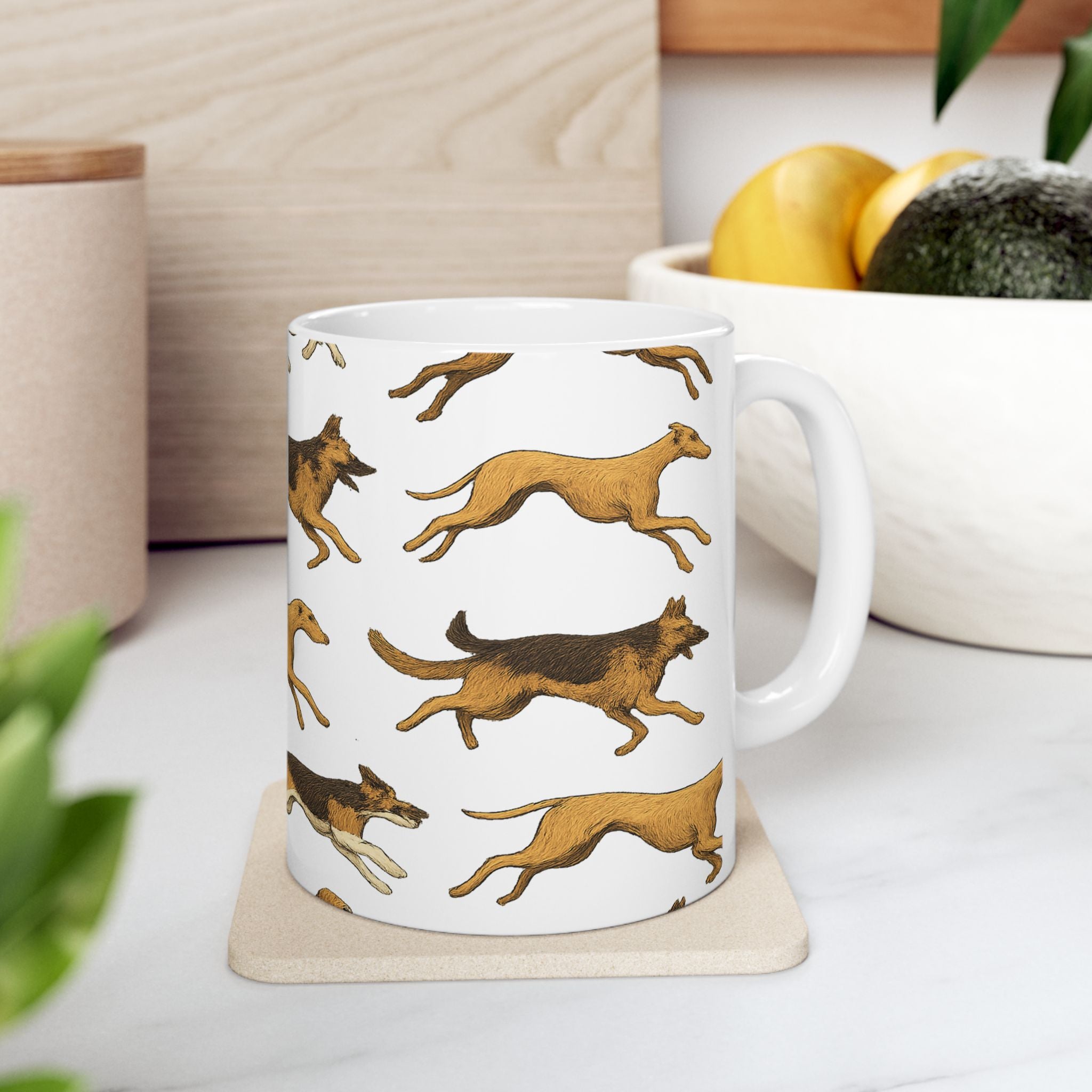 Botanical Running Dogs Full Wrap Coffee Mug | Dogs Gift | Ceramic Mug