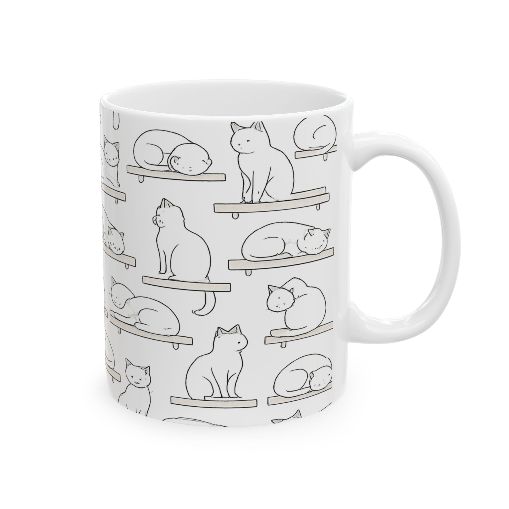 Delicate Cats On Shelves Full Wrap Coffee Mug | Cats Gift | Ceramic Mug