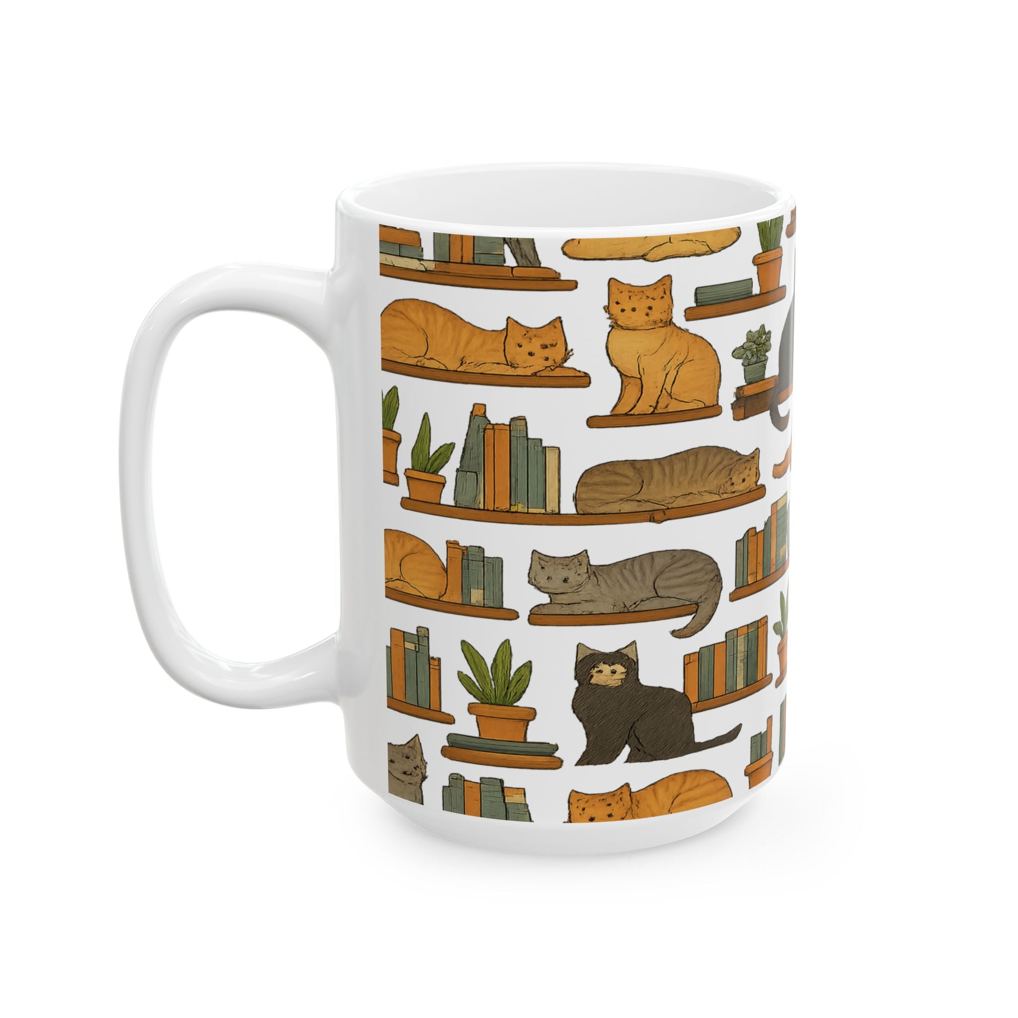Botanical Cats On Shelves Full Wrap Coffee Mug | Cats Gift | Ceramic Mug