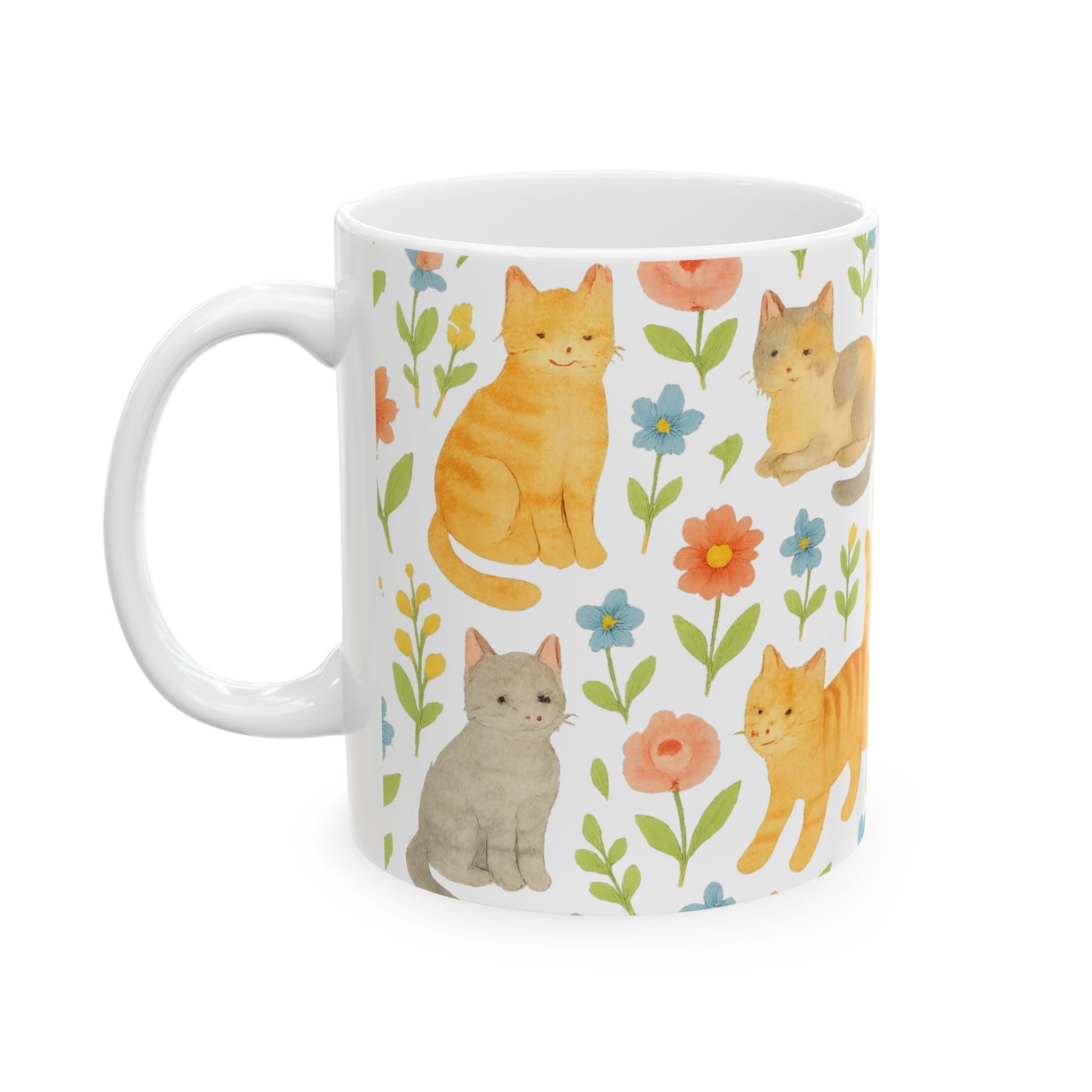 Watercolor Cats In Garden Full Wrap Coffee Mug | Cats Gift | Ceramic Mug