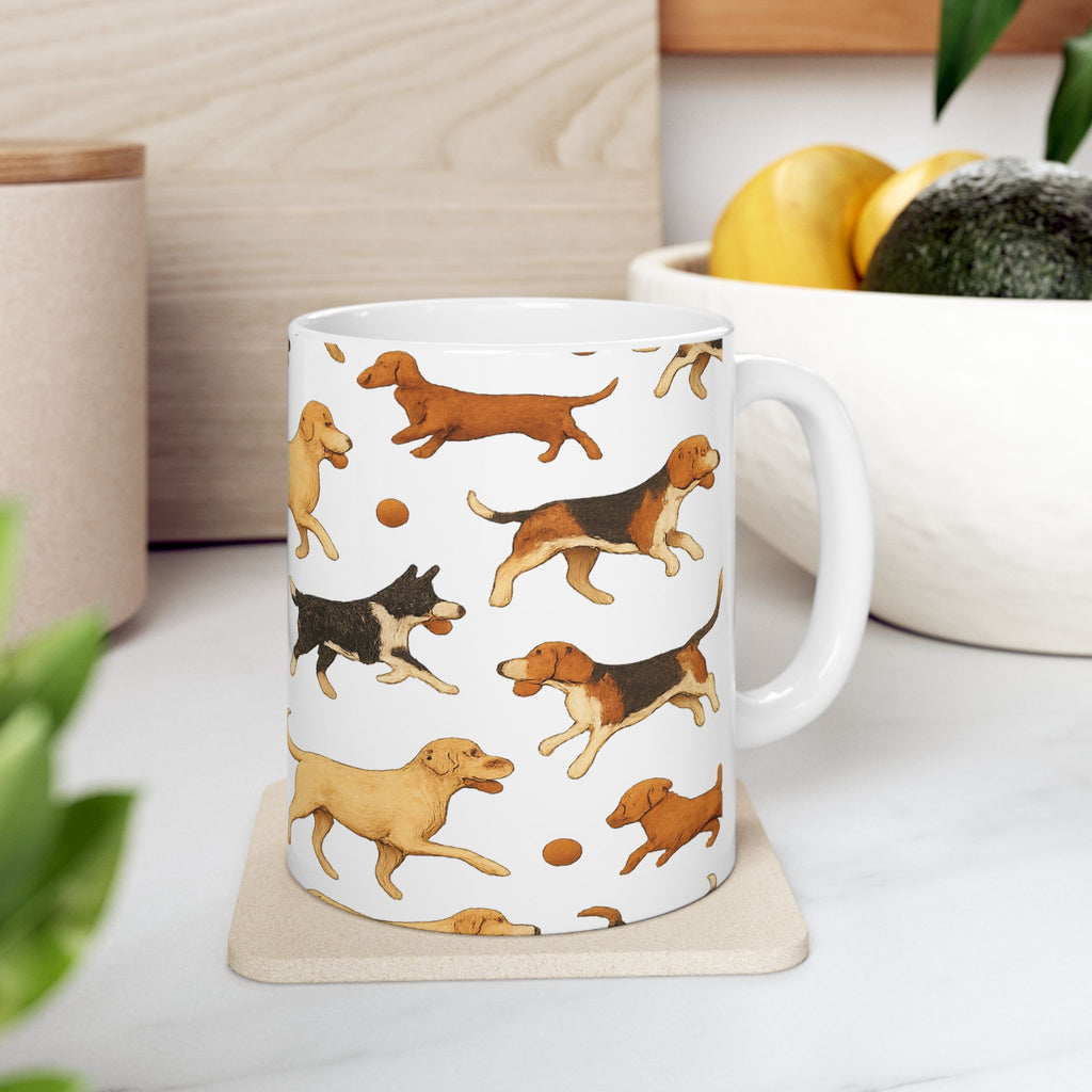 Botanical Dogs Playing Fetch Full Wrap Coffee Mug | Dogs Gift | Ceramic Mug