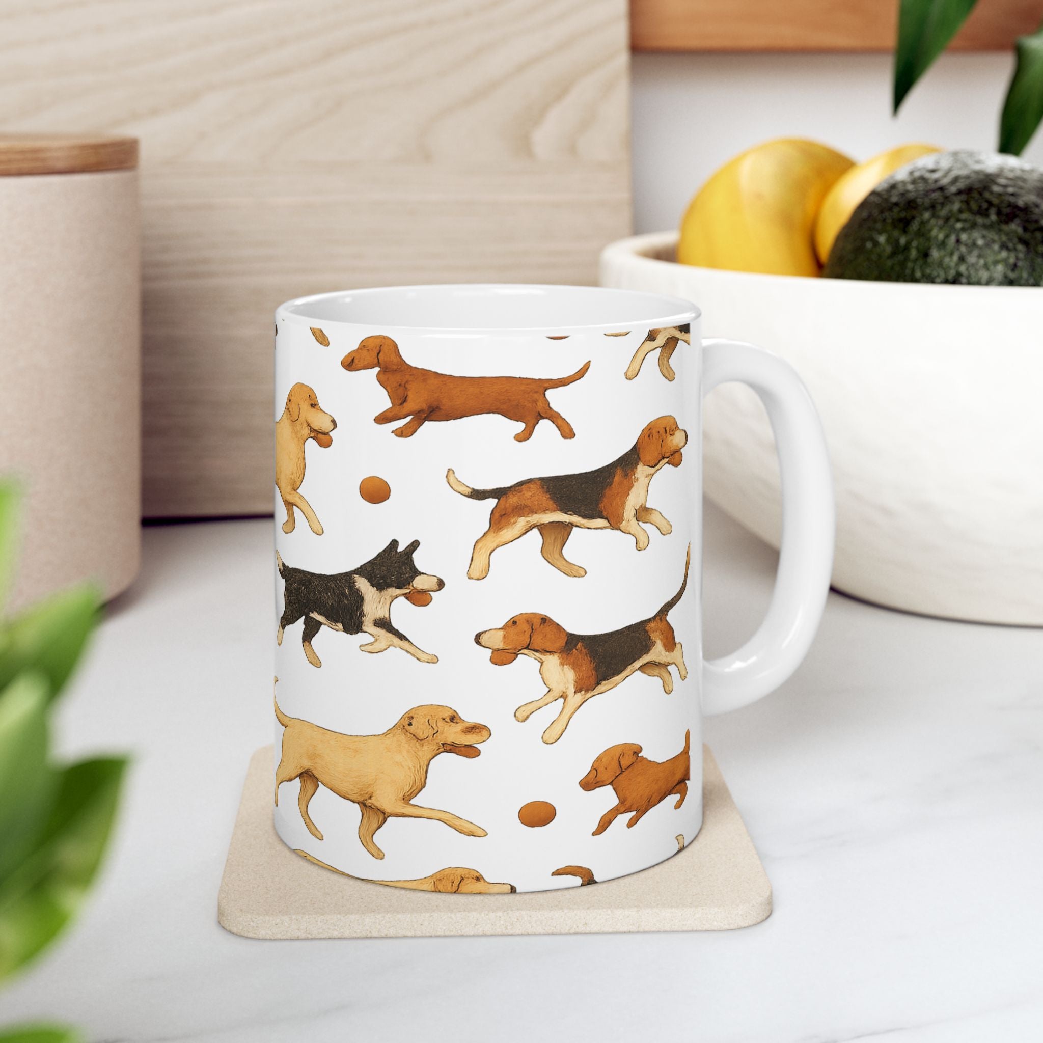 Botanical Dogs Playing Fetch Full Wrap Coffee Mug | Dogs Gift | Ceramic Mug