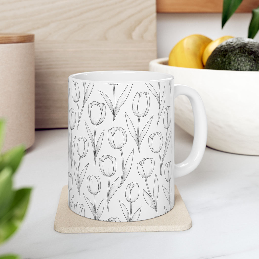 Delicate Tulip Garden Full Wrap Coffee Mug | Flowers Gift | Ceramic Mug