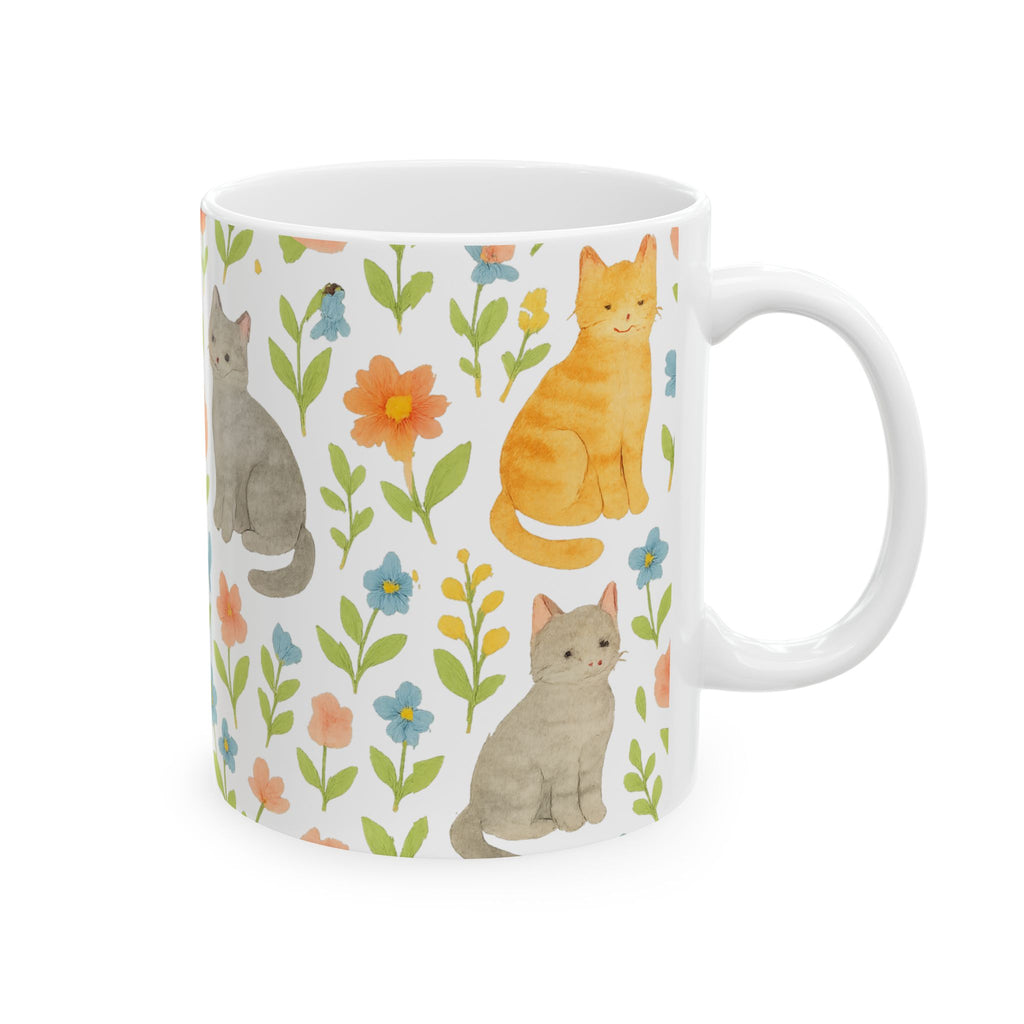 Watercolor Cats In Garden Full Wrap Coffee Mug | Cats Gift | Ceramic Mug