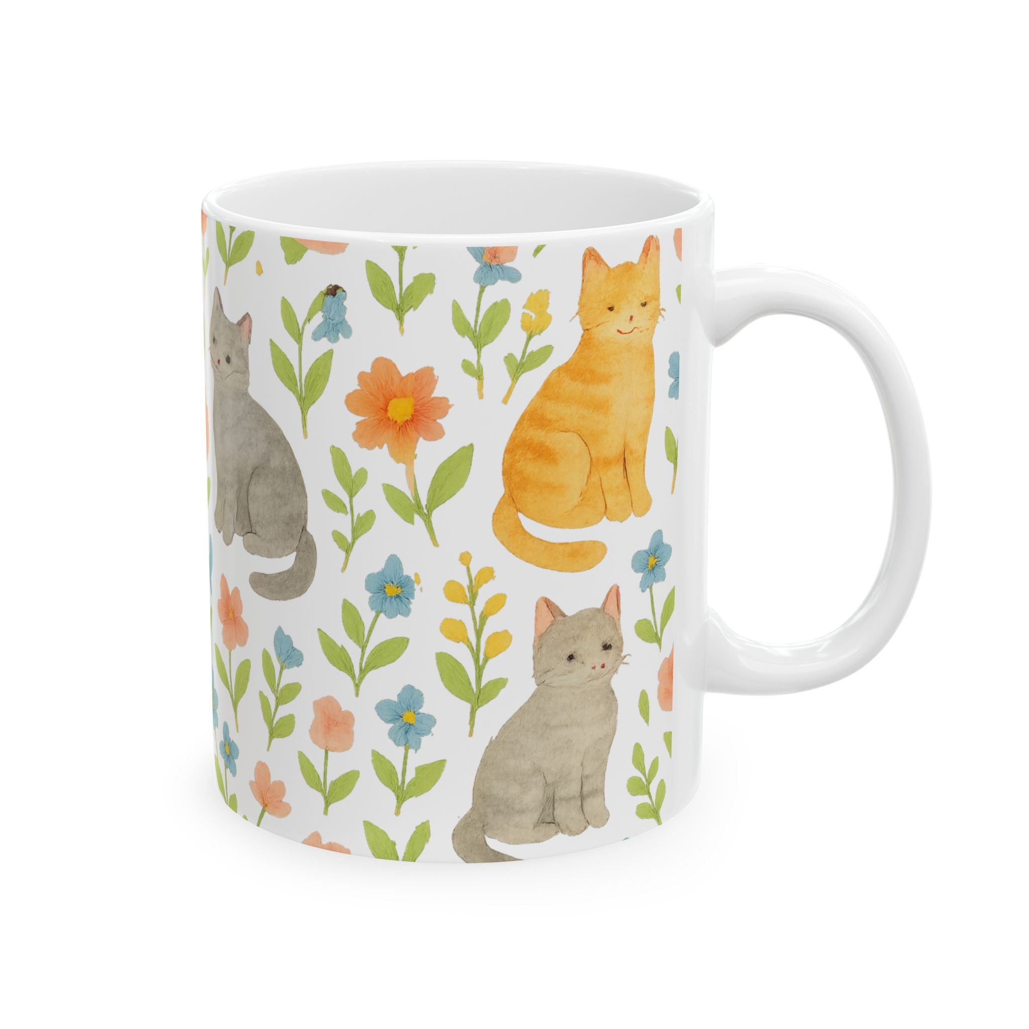 Watercolor Cats In Garden Full Wrap Coffee Mug | Cats Gift | Ceramic Mug