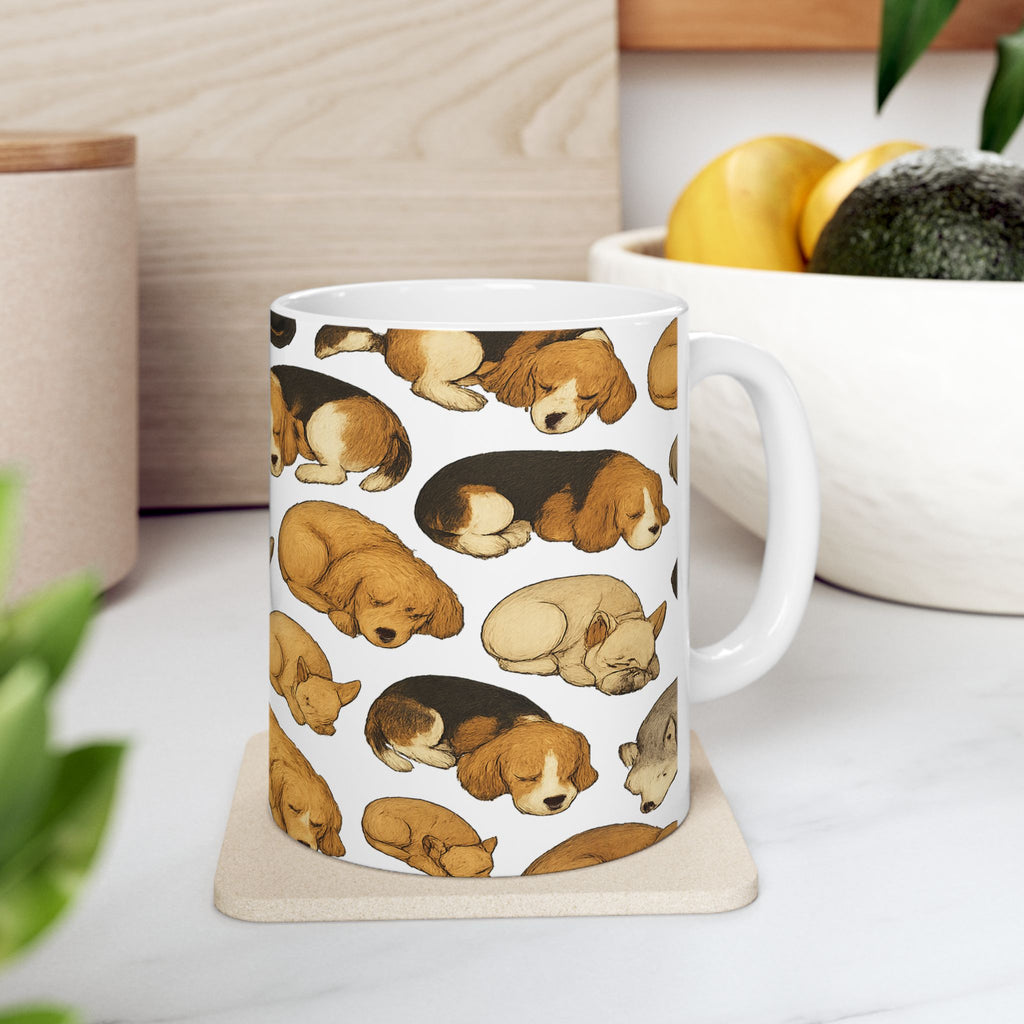 Botanical Sleeping Dogs Full Wrap Coffee Mug | Dogs Gift | Ceramic Mug