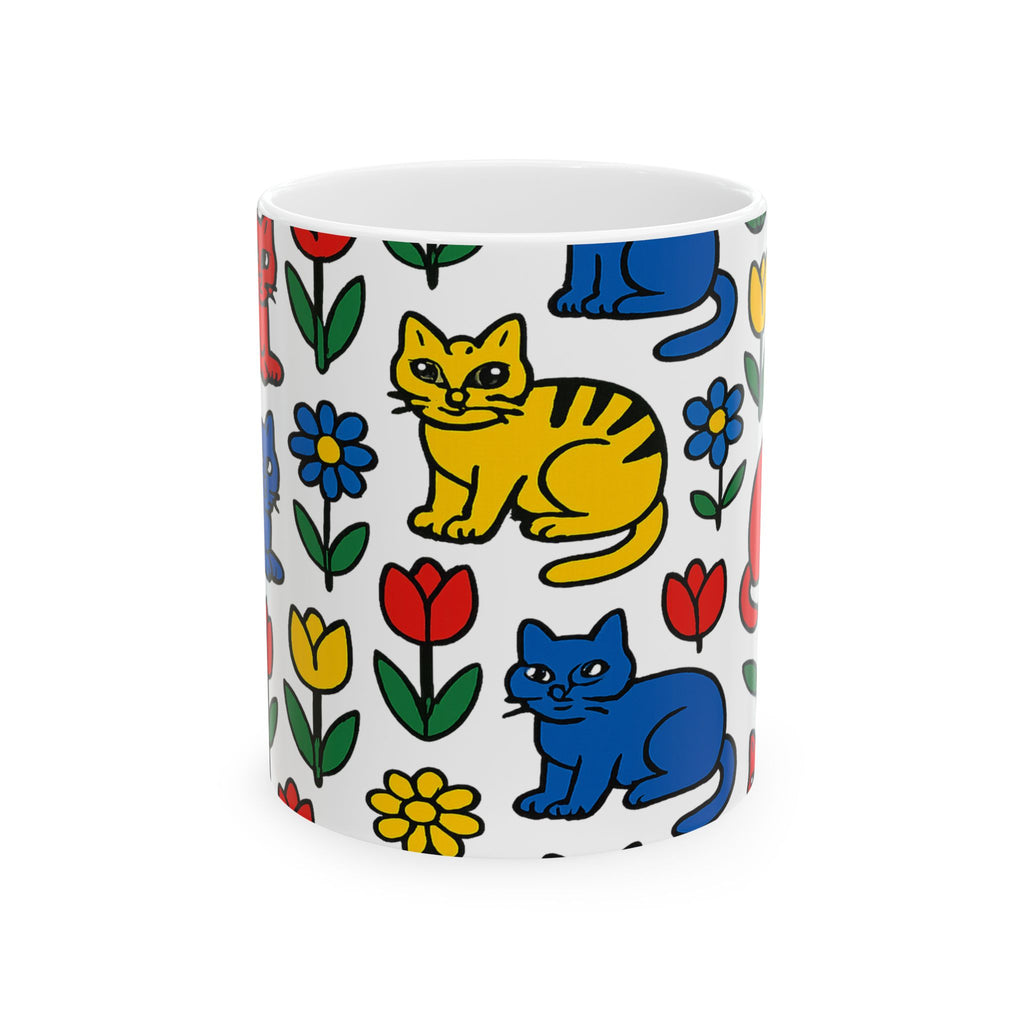 Bold Cats In Garden Full Wrap Coffee Mug | Cats Gift | Ceramic Mug