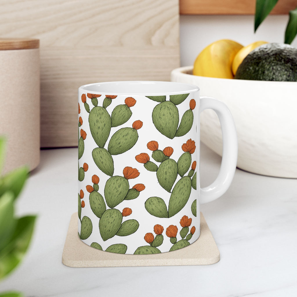 Botanical Prickly Pear Cactus Full Wrap Coffee Mug | Cactus Gift | Ceramic Mug