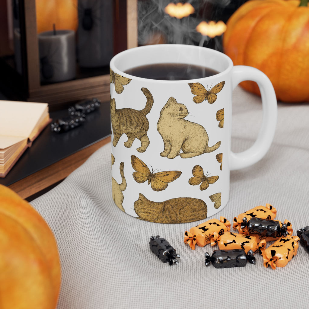 Botanical Cats And Butterflies Full Wrap Coffee Mug | Cats Gift | Ceramic Mug
