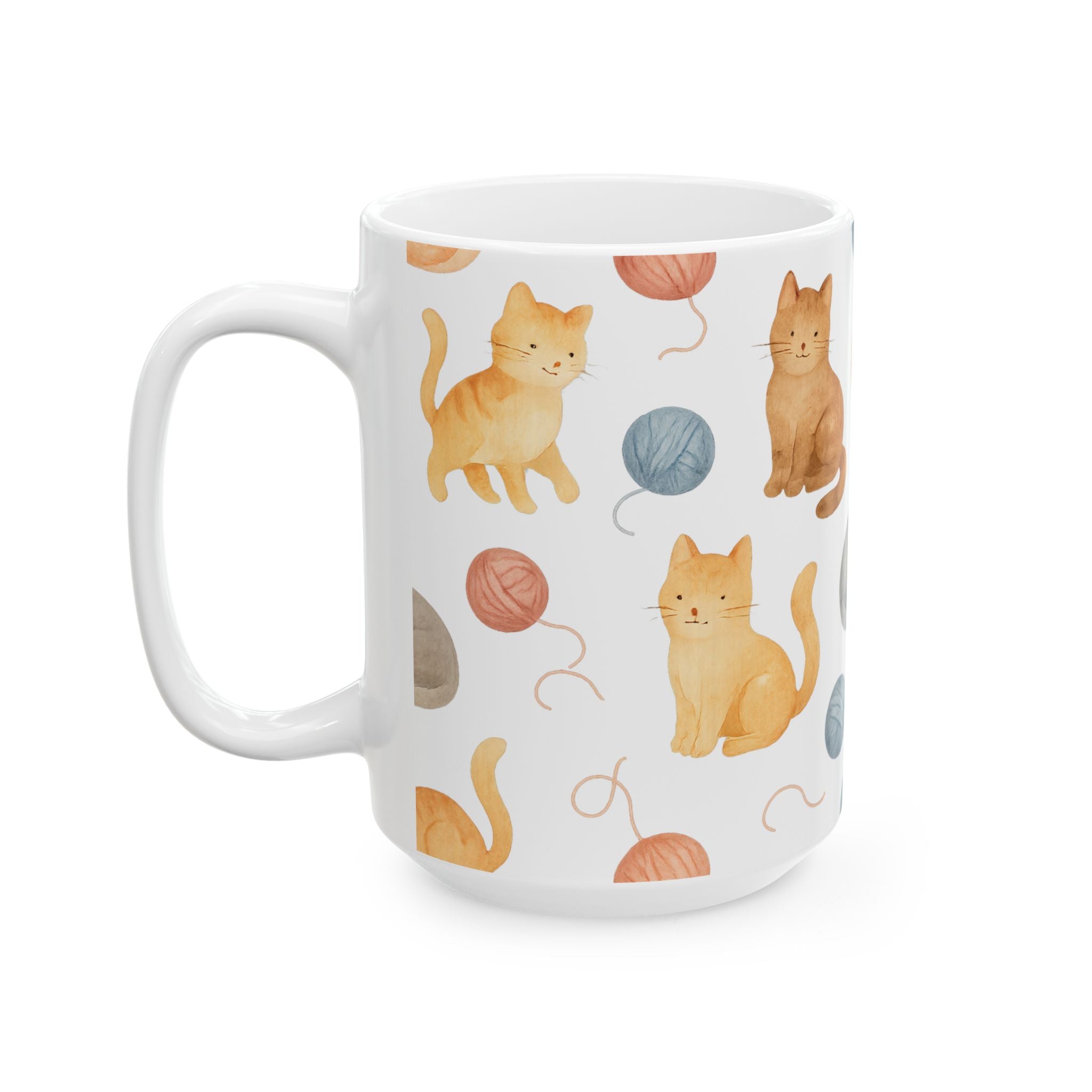 Watercolor Cats With Yarn Full Wrap Coffee Mug | Cats Gift | Ceramic Mug