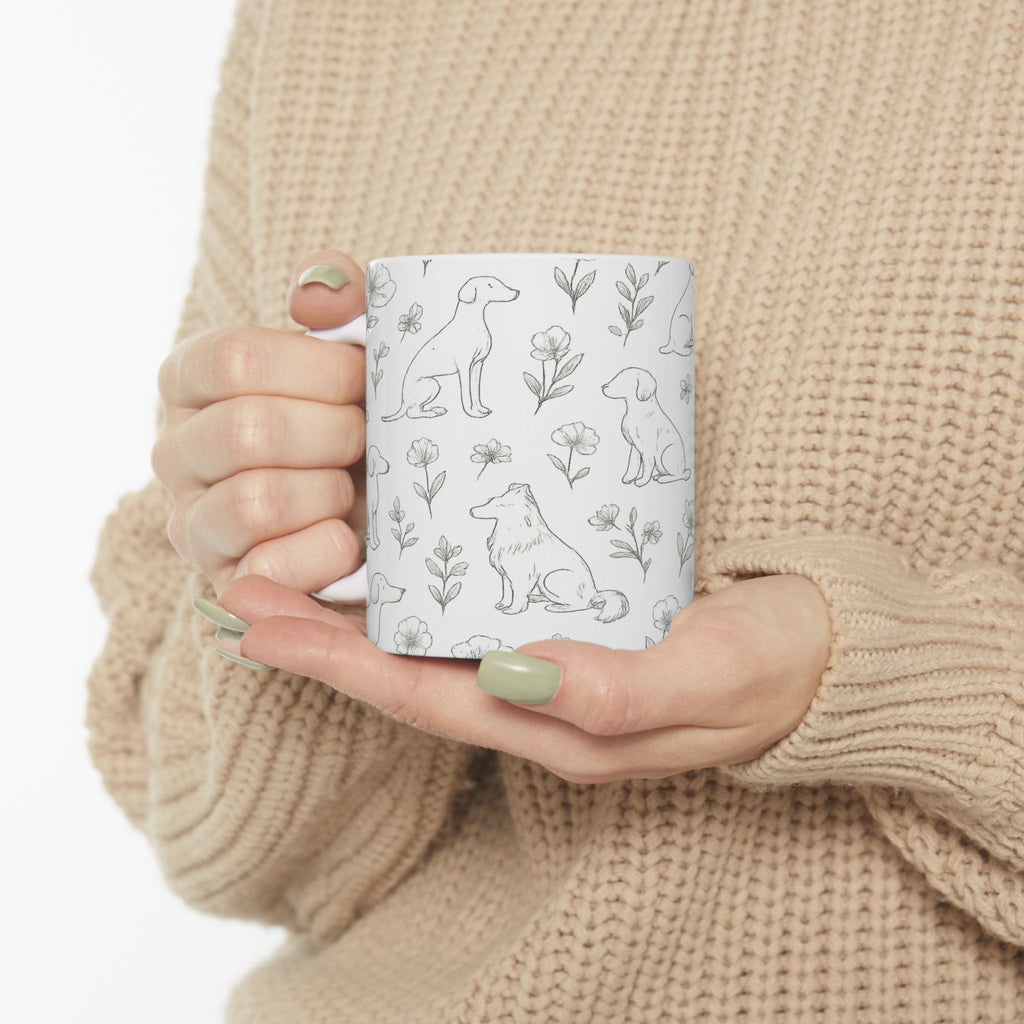 Delicate Dogs And Flowers Full Wrap Coffee Mug | Dogs Gift | Ceramic Mug
