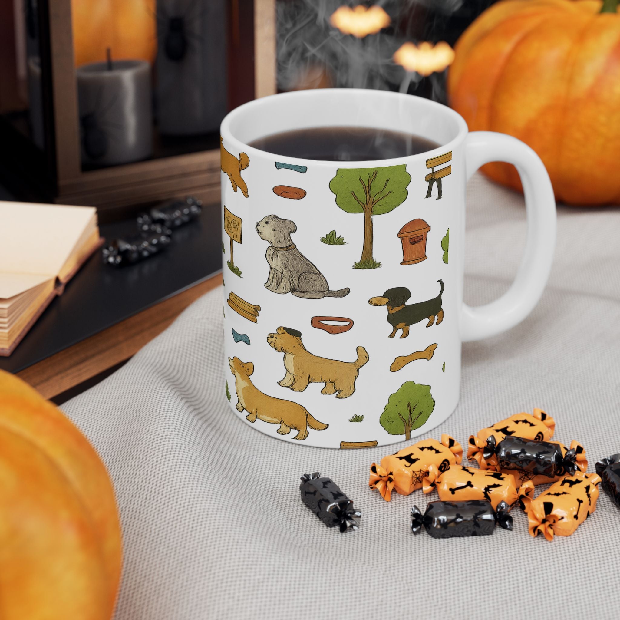 Botanical Dogs At Park Full Wrap Coffee Mug | Dogs Gift | Ceramic Mug
