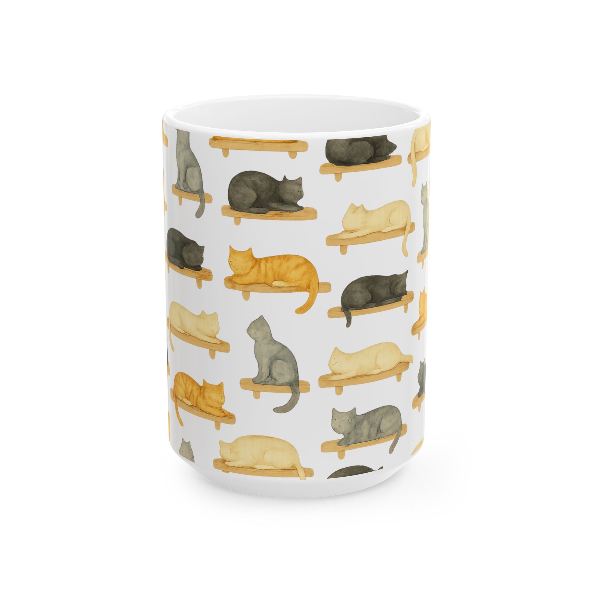 Watercolor Cats On Shelves Full Wrap Coffee Mug | Cats Gift | Ceramic Mug