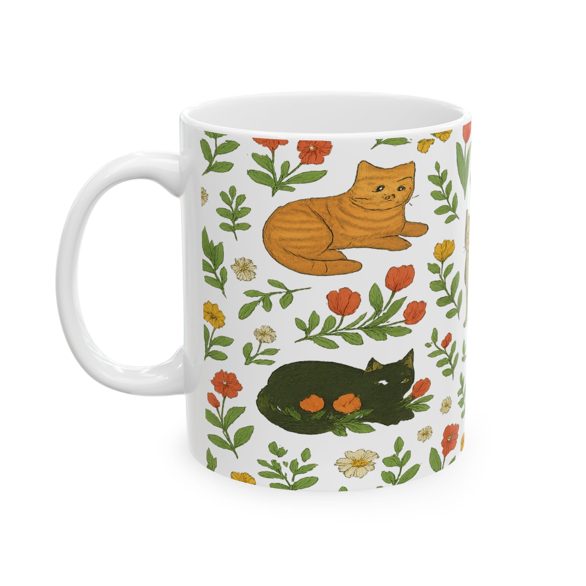 Botanical Cats In Garden Full Wrap Coffee Mug | Cats Gift | Ceramic Mug