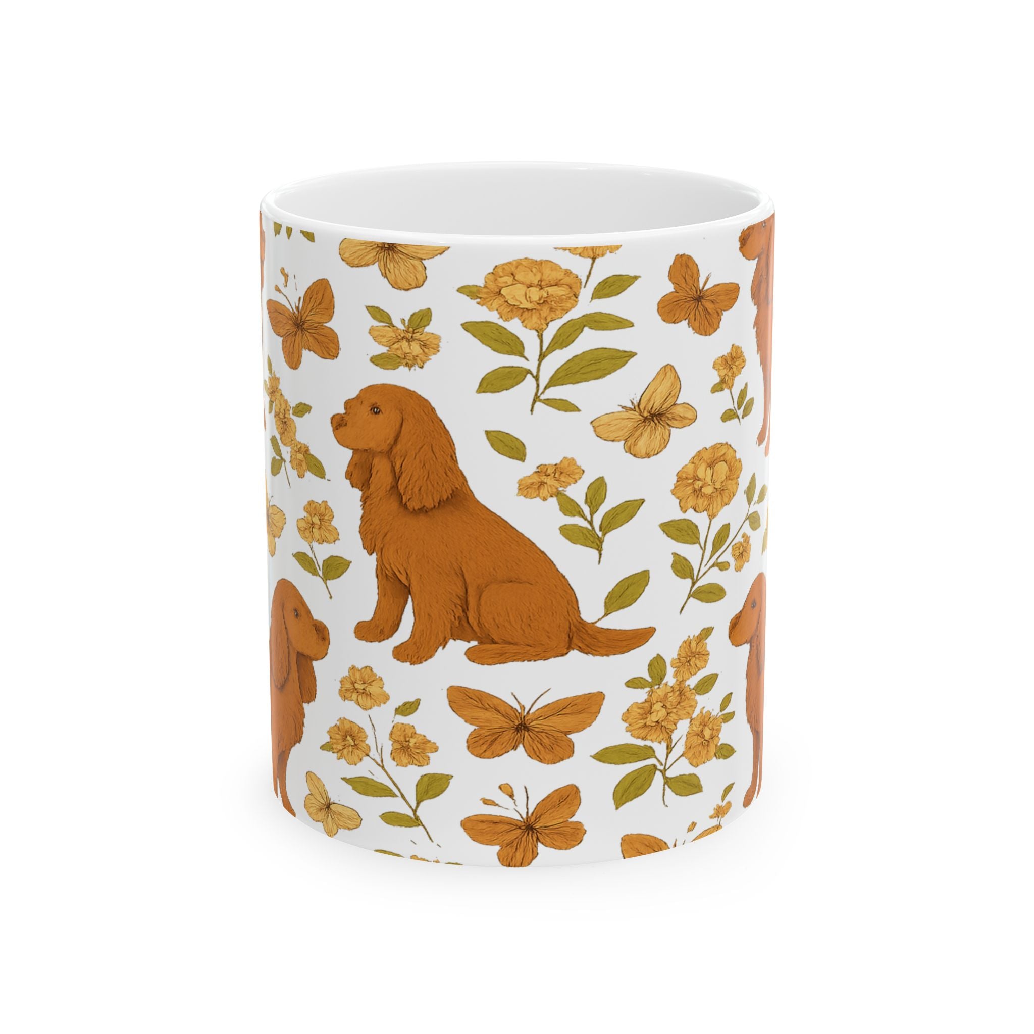 Vintage Dogs And Butterflies Full Wrap Coffee Mug | Dogs Gift | Ceramic Mug