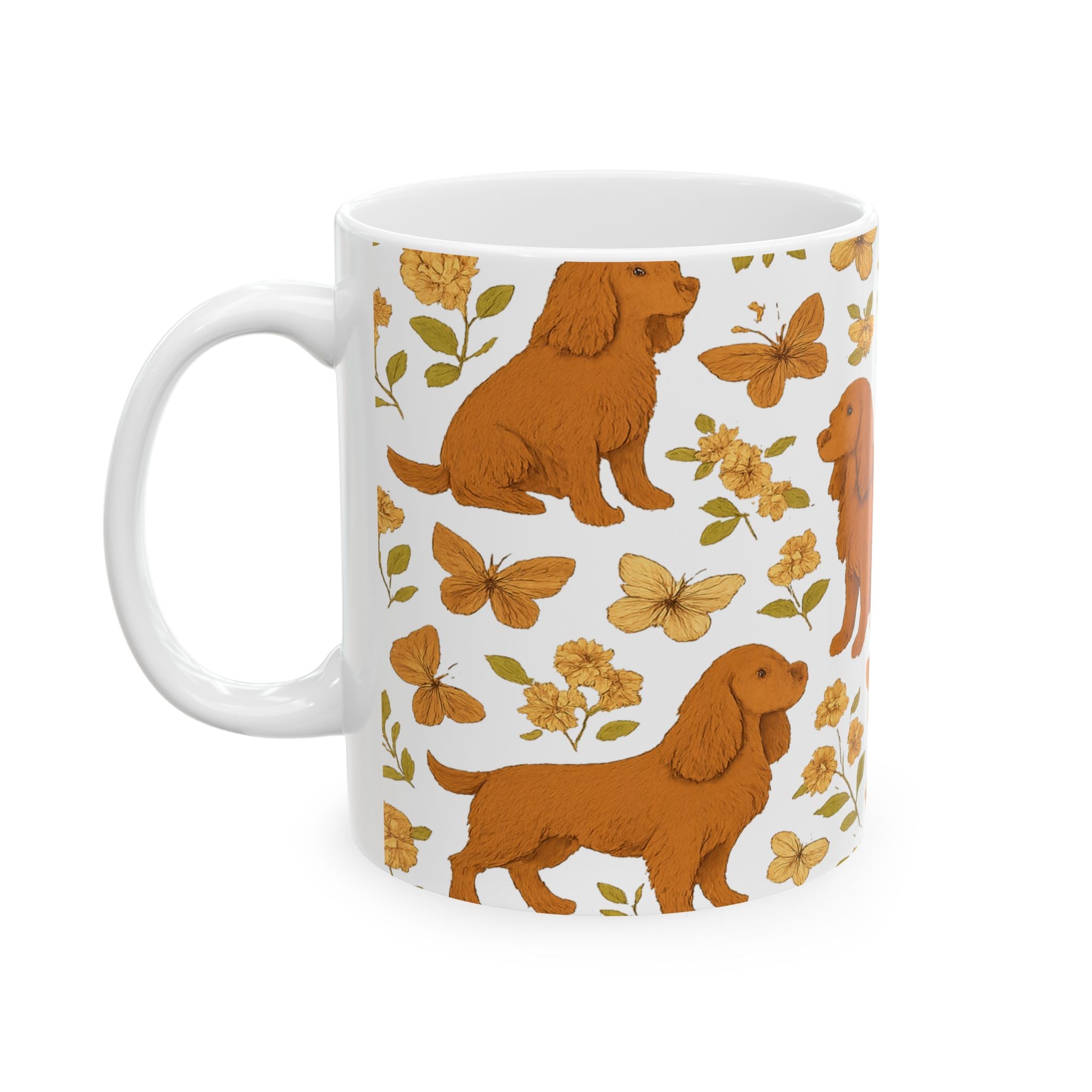 Vintage Dogs And Butterflies Full Wrap Coffee Mug | Dogs Gift | Ceramic Mug