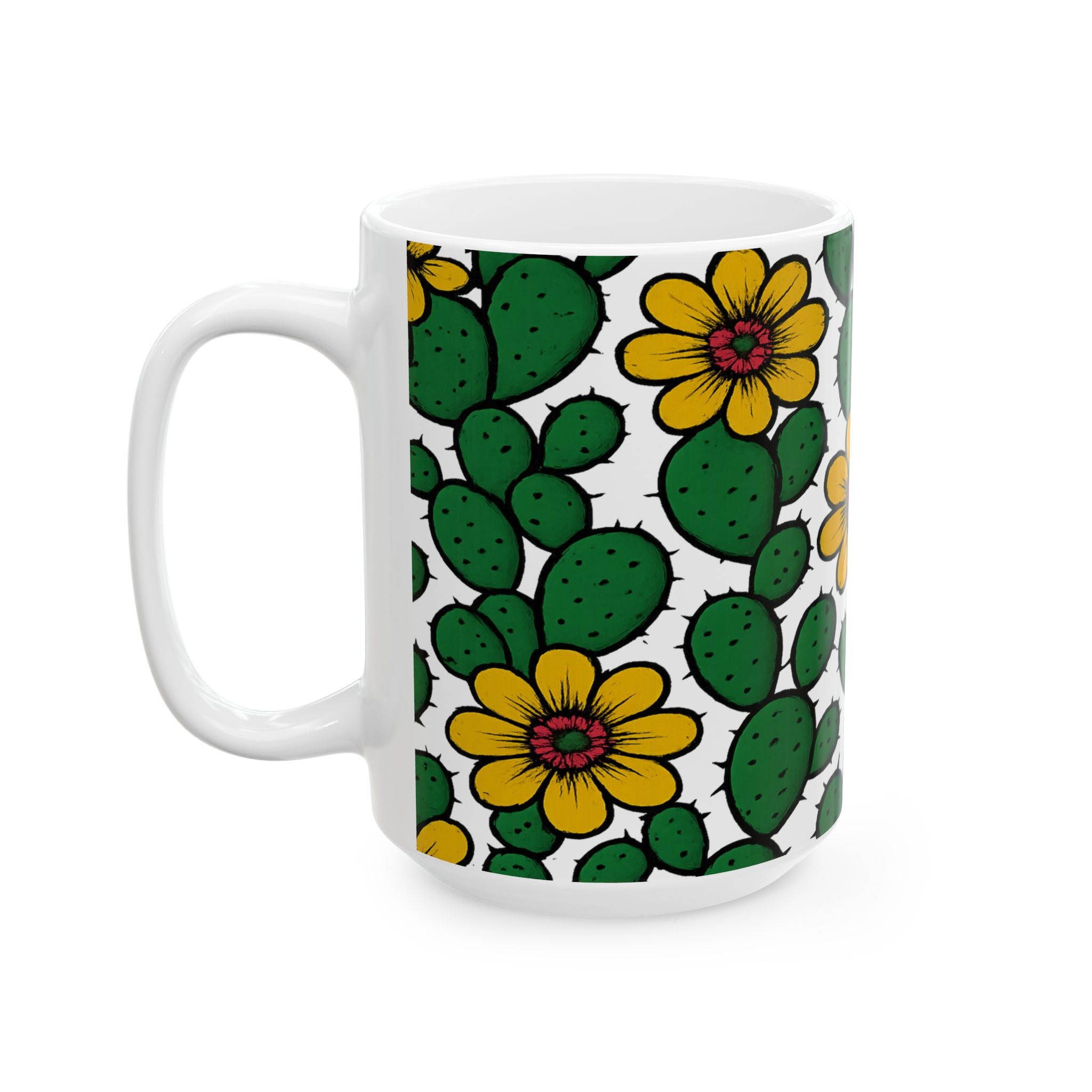 Bold Blooming Cactus Flowers Full Wrap Coffee Mug | Cactus Gift | Ceramic Mug
