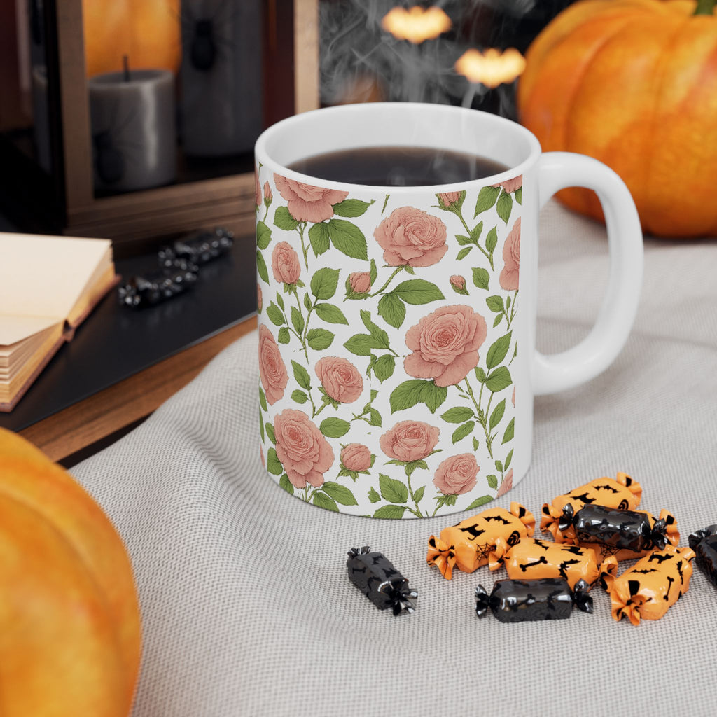 Botanical Pink Rose Garden Full Wrap Coffee Mug | Flowers Gift | Ceramic Mug