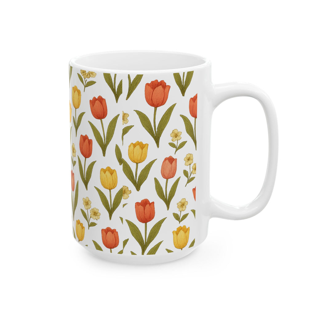 Vintage Tulip Garden Full Wrap Coffee Mug | Flowers Gift | Ceramic Mug
