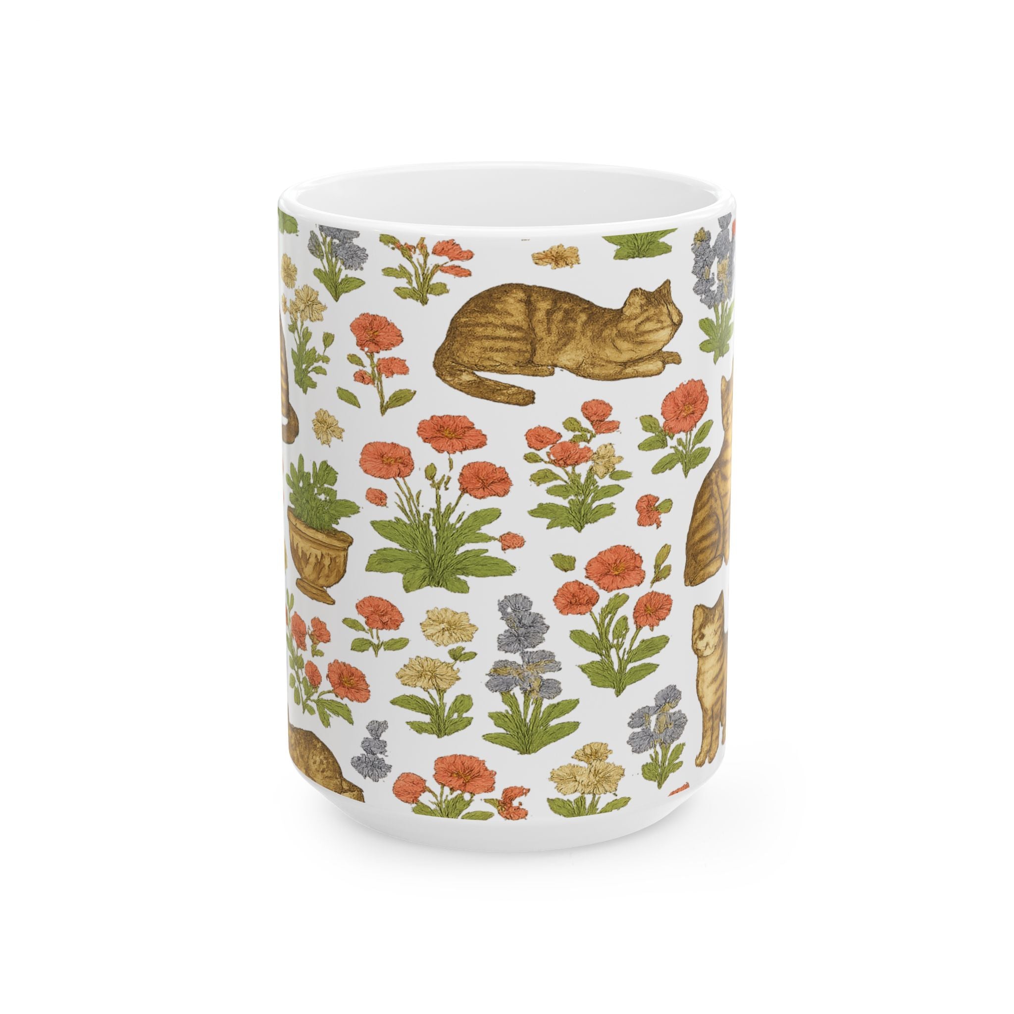 Vintage Cats In Garden Full Wrap Coffee Mug | Cats Gift | Ceramic Mug
