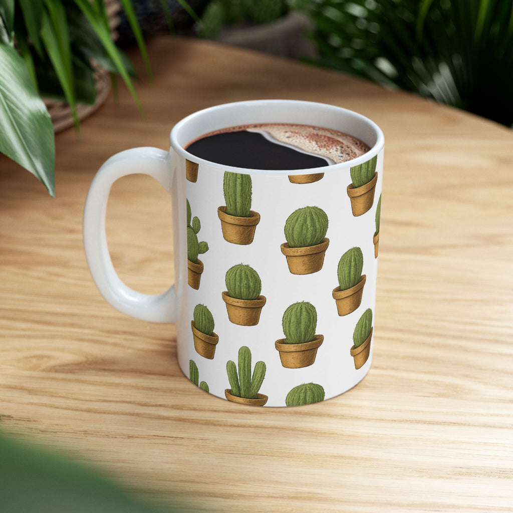 Botanical Tiny Potted Cactus Full Wrap Coffee Mug | Cactus Gift | Ceramic Mug