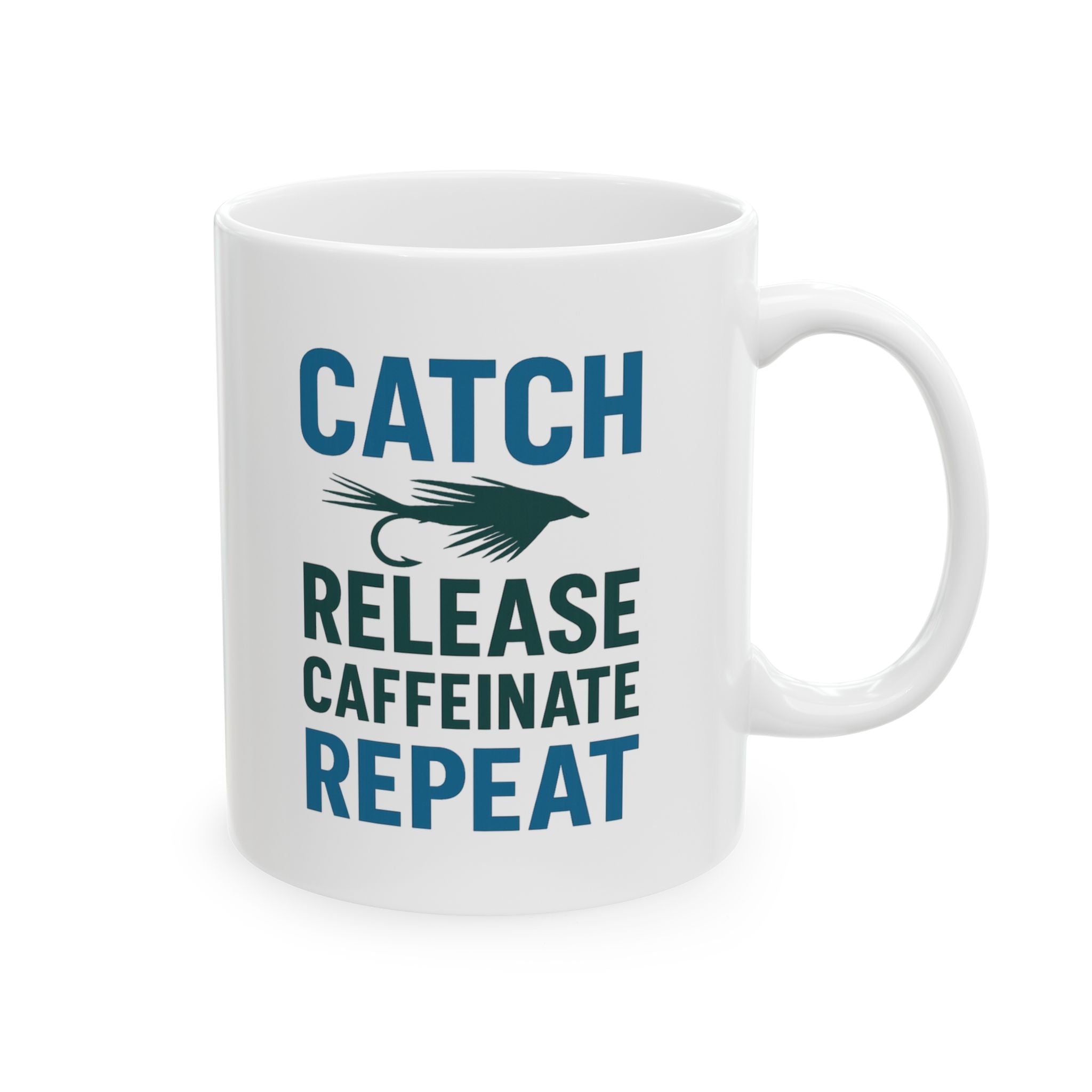 Fly Fisherman Catch Release Caffeinate Repeat Coffee Mug | Cat Lover Gift | Ceramic Mug