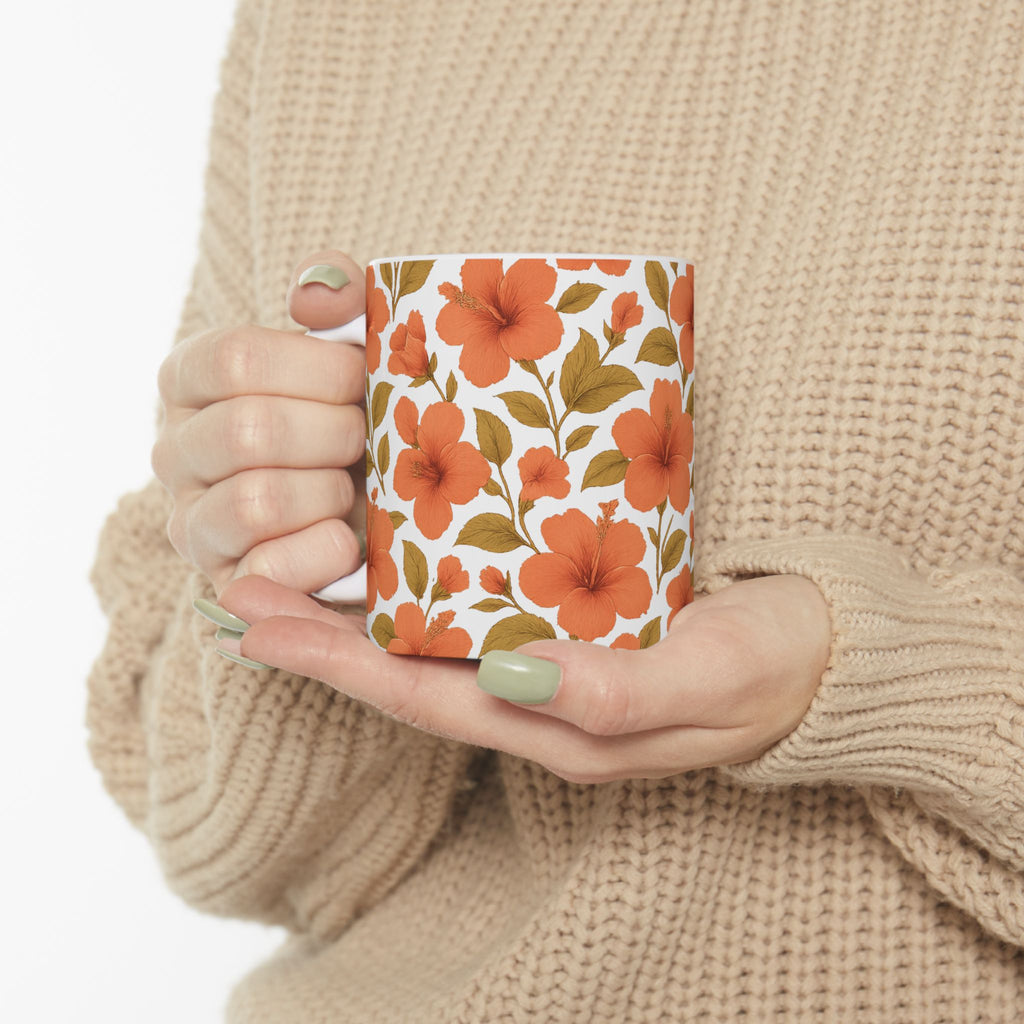 Vintage Hibiscus Tropical Full Wrap Coffee Mug | Flowers Gift | Ceramic Mug