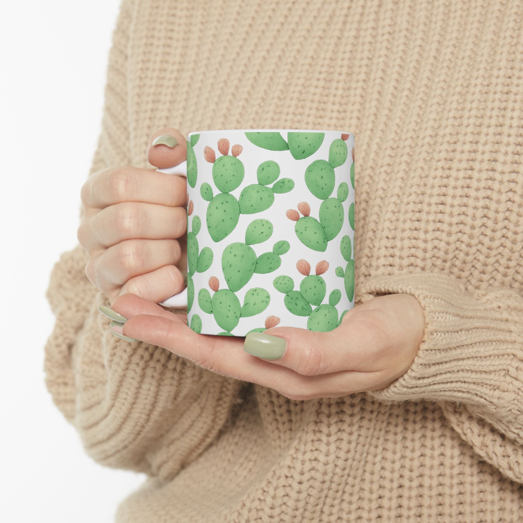 Watercolor Prickly Pear Cactus Pattern Coffee Mug | Cactus Lover Gift | Ceramic Mug