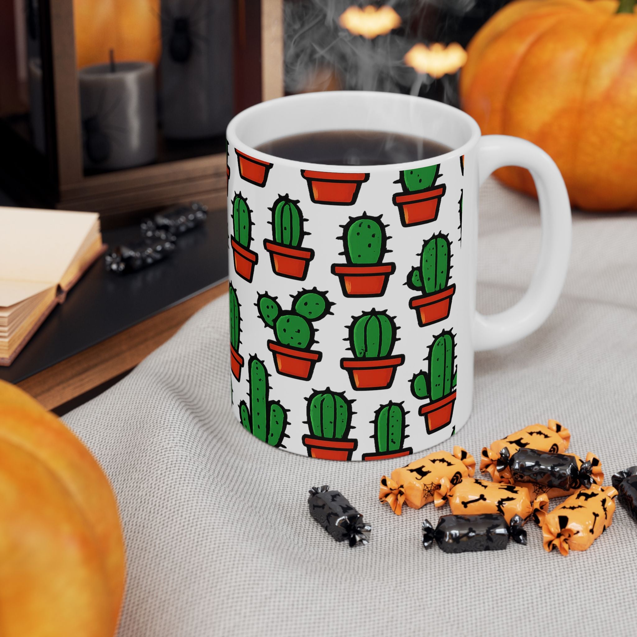 Bold Tiny Potted Cactus Full Wrap Coffee Mug | Cactus Gift | Ceramic Mug