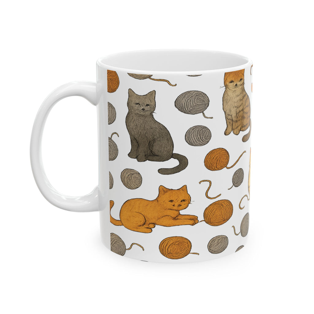 Botanical Cats With Yarn Full Wrap Coffee Mug | Cats Gift | Ceramic Mug
