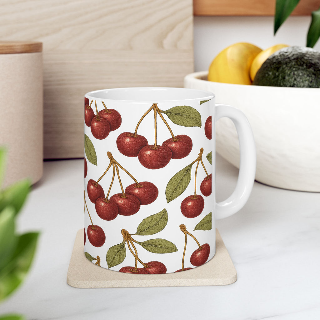 Botanical Cherries Pattern Coffee Mug | Fruit Lover Gift | Ceramic Mug