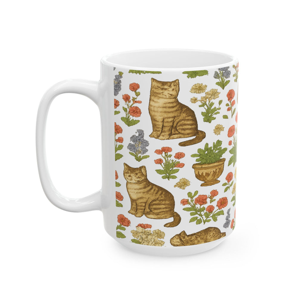 Vintage Cats In Garden Full Wrap Coffee Mug | Cats Gift | Ceramic Mug