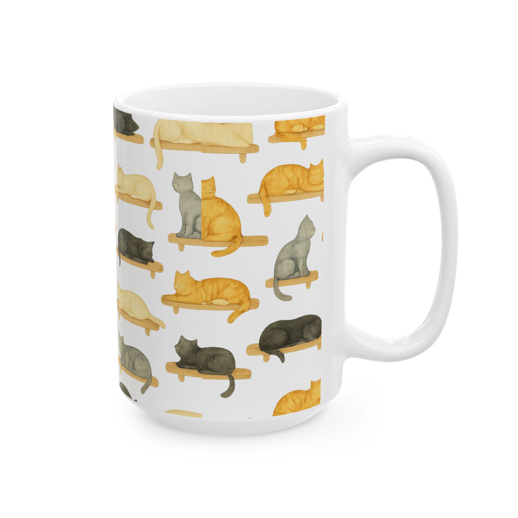 Watercolor Cats On Shelves Full Wrap Coffee Mug | Cats Gift | Ceramic Mug