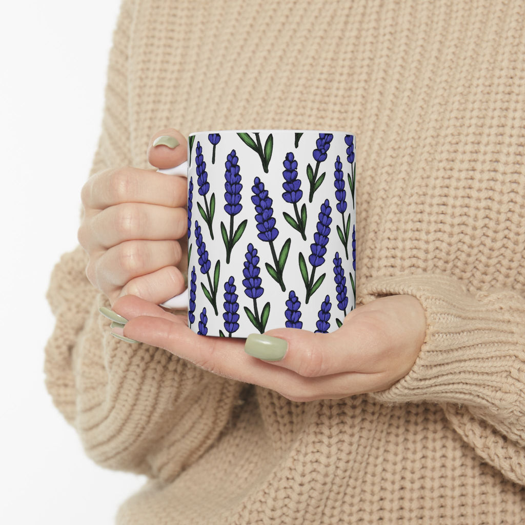 Bold Lavender Sprigs Full Wrap Coffee Mug | Flowers Gift | Ceramic Mug