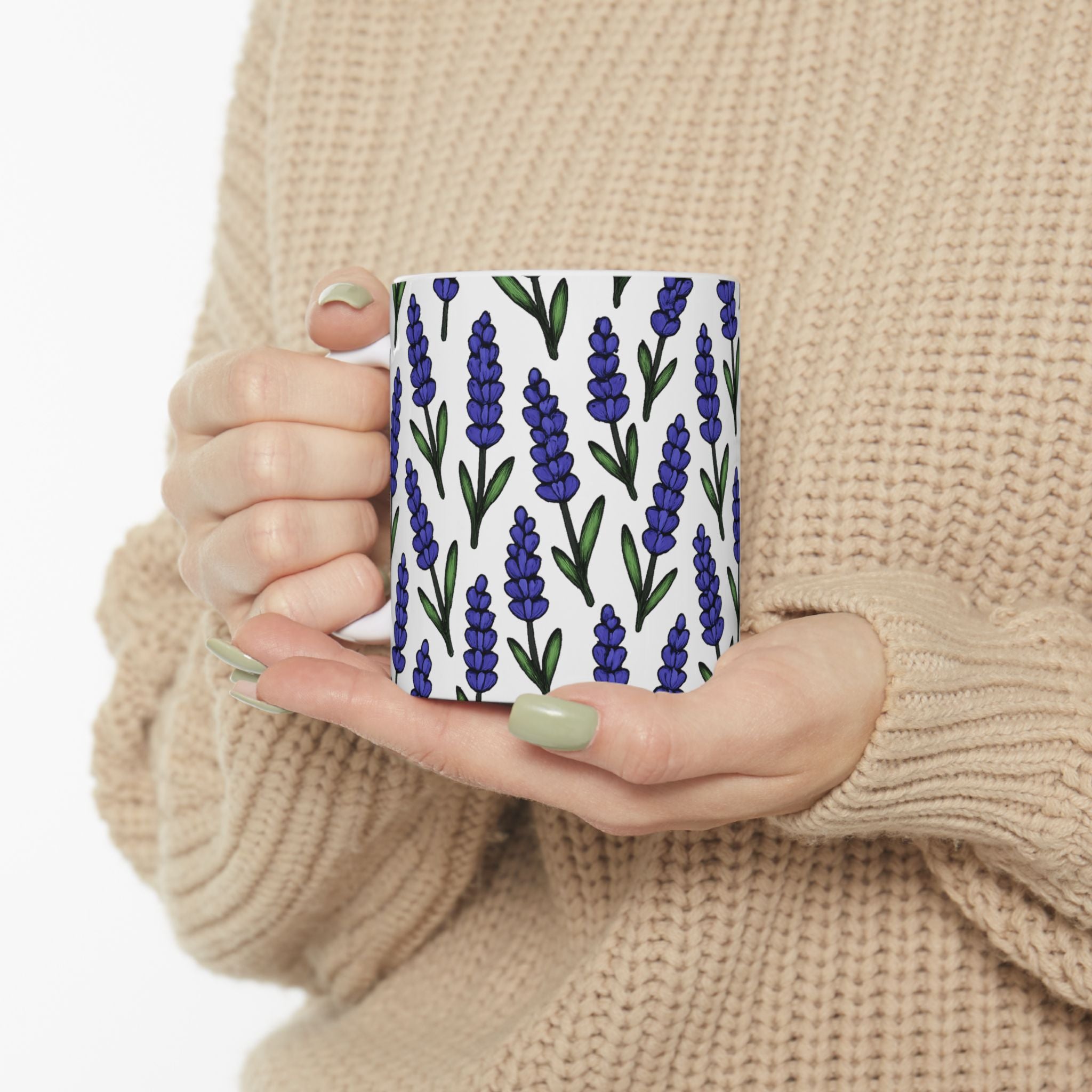 Bold Lavender Sprigs Full Wrap Coffee Mug | Flowers Gift | Ceramic Mug