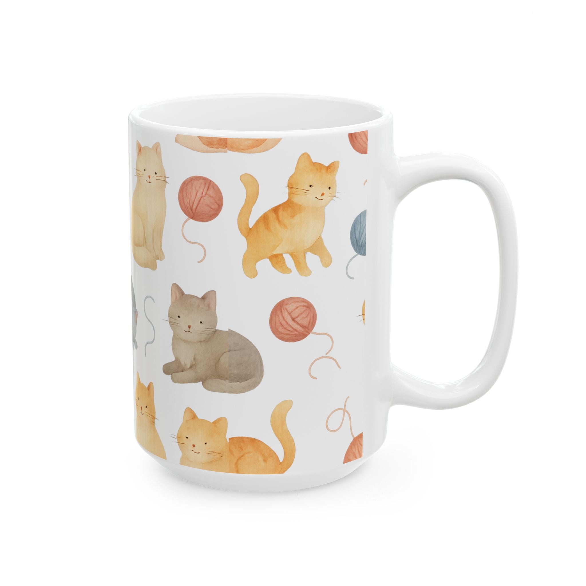 Watercolor Cats With Yarn Full Wrap Coffee Mug | Cats Gift | Ceramic Mug