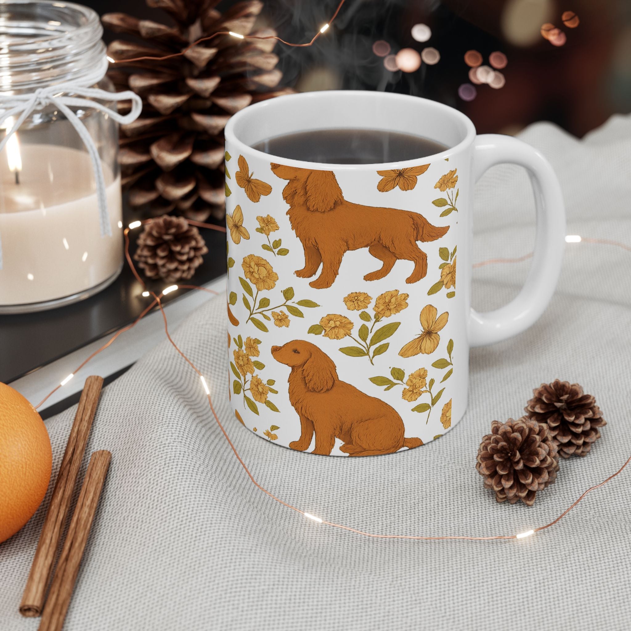 Vintage Dogs And Butterflies Full Wrap Coffee Mug | Dogs Gift | Ceramic Mug