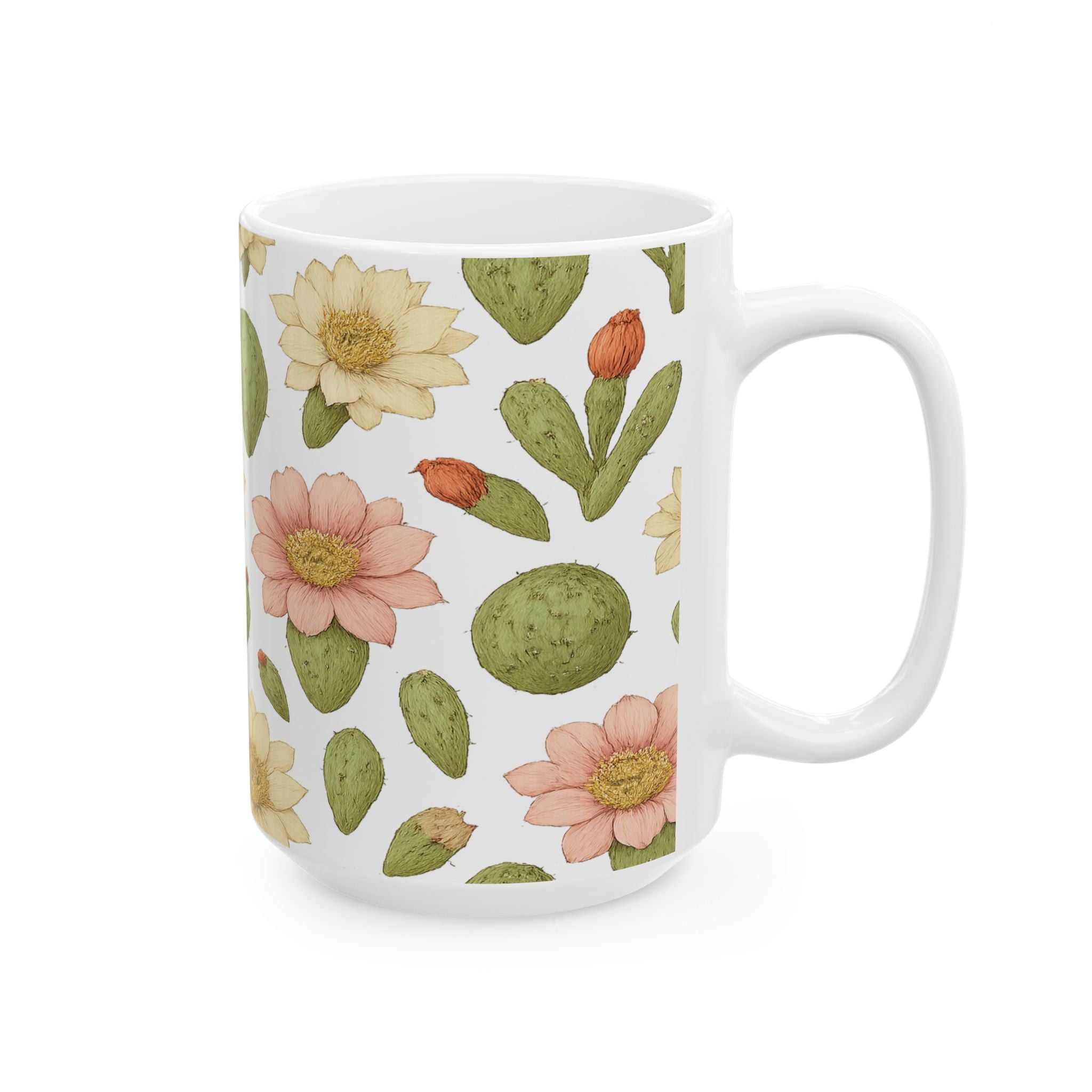 Botanical Blooming Cactus Flowers Full Wrap Coffee Mug | Cactus Gift | Ceramic Mug