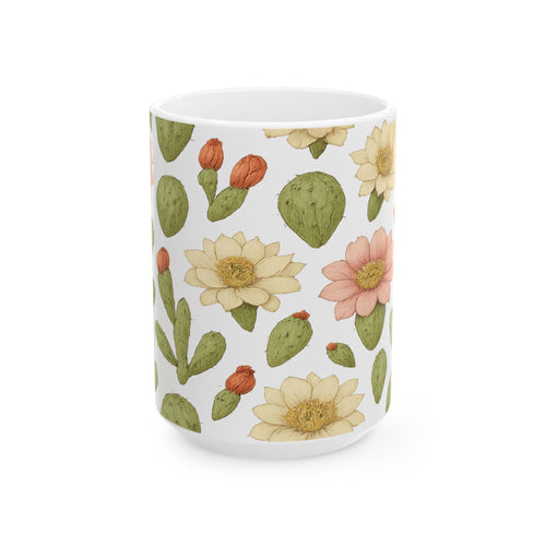Botanical Blooming Cactus Flowers Full Wrap Coffee Mug | Cactus Gift | Ceramic Mug