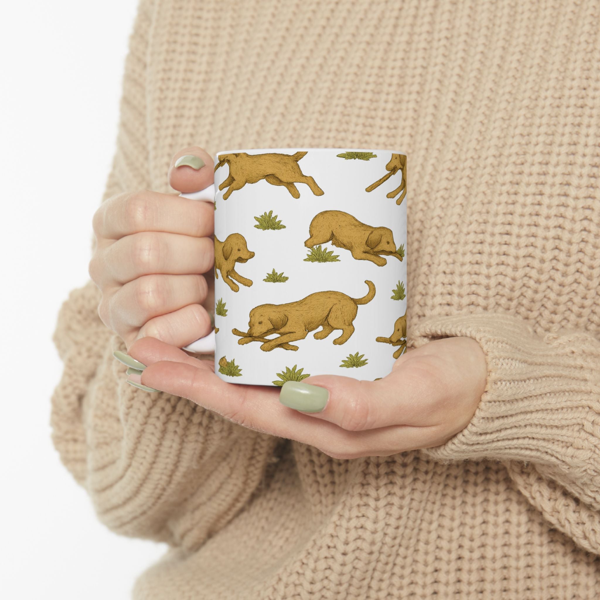 Vintage Dogs Playing Fetch Full Wrap Coffee Mug | Dogs Gift | Ceramic Mug