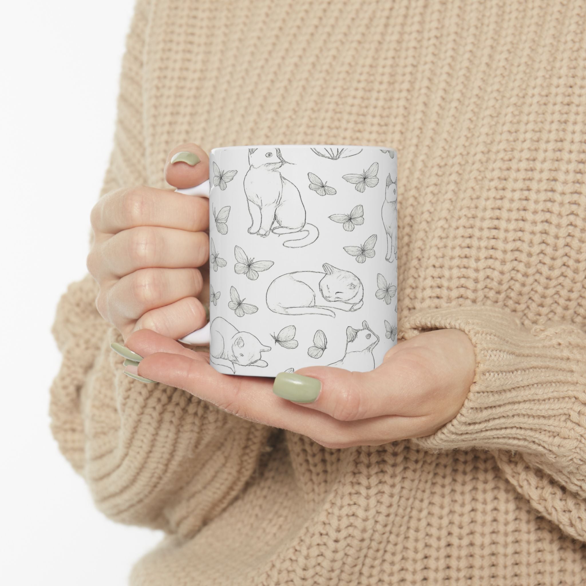 Delicate Cats And Butterflies Full Wrap Coffee Mug | Cats Gift | Ceramic Mug
