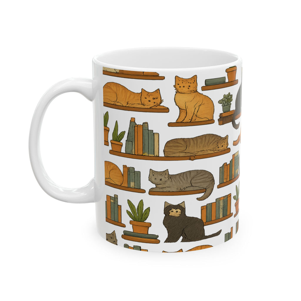 Botanical Cats On Shelves Full Wrap Coffee Mug | Cats Gift | Ceramic Mug