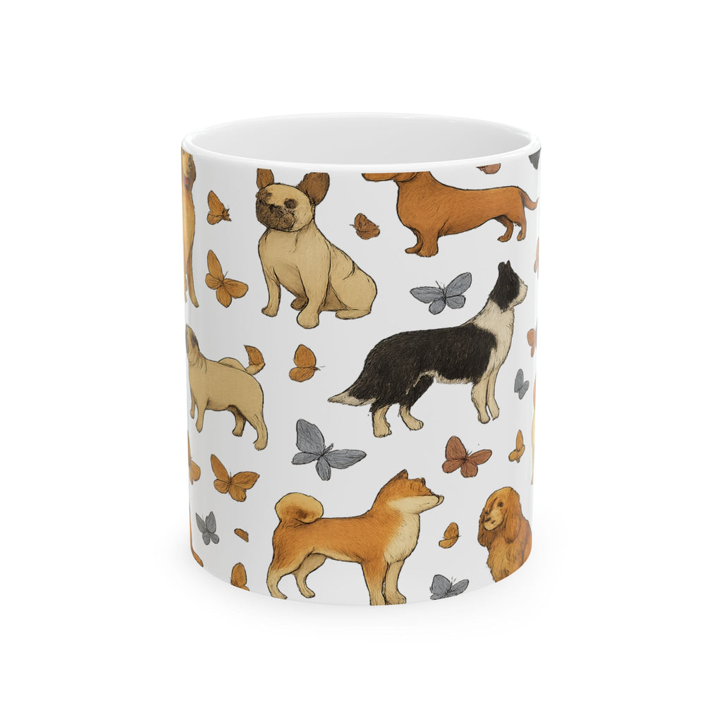 Botanical Dogs And Butterflies Full Wrap Coffee Mug | Dogs Gift | Ceramic Mug