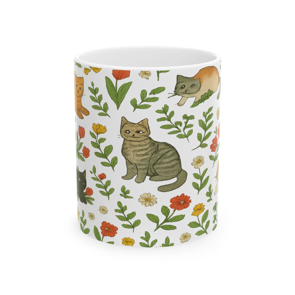 Botanical Cats In Garden Full Wrap Coffee Mug | Cats Gift | Ceramic Mug